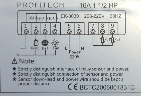 PROFITECH Universal Refrigeration Digital Controller EK-3030 16A 208-230V60HZ 1 1/2HP