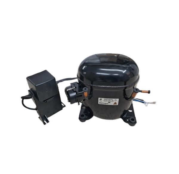 Front view of DONPER NV2192XU 1HP R290 hermetic compressor, designed for commercial refrigeration systems including walk-in coolers, display cases, and freezers.